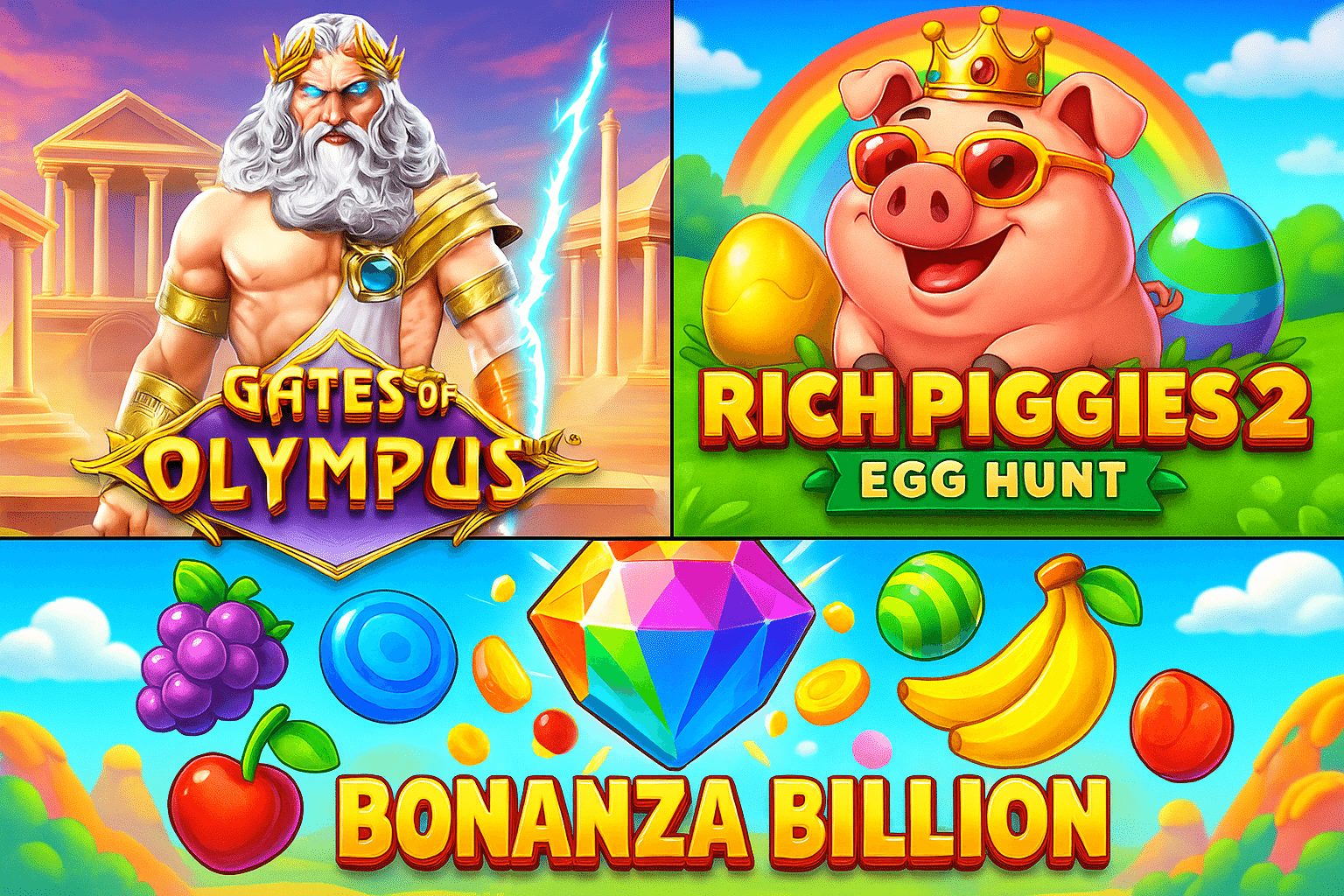Іконки популярних слотів Gates of Olympus, Rich Piggies 2 та інших на Vegas.ua