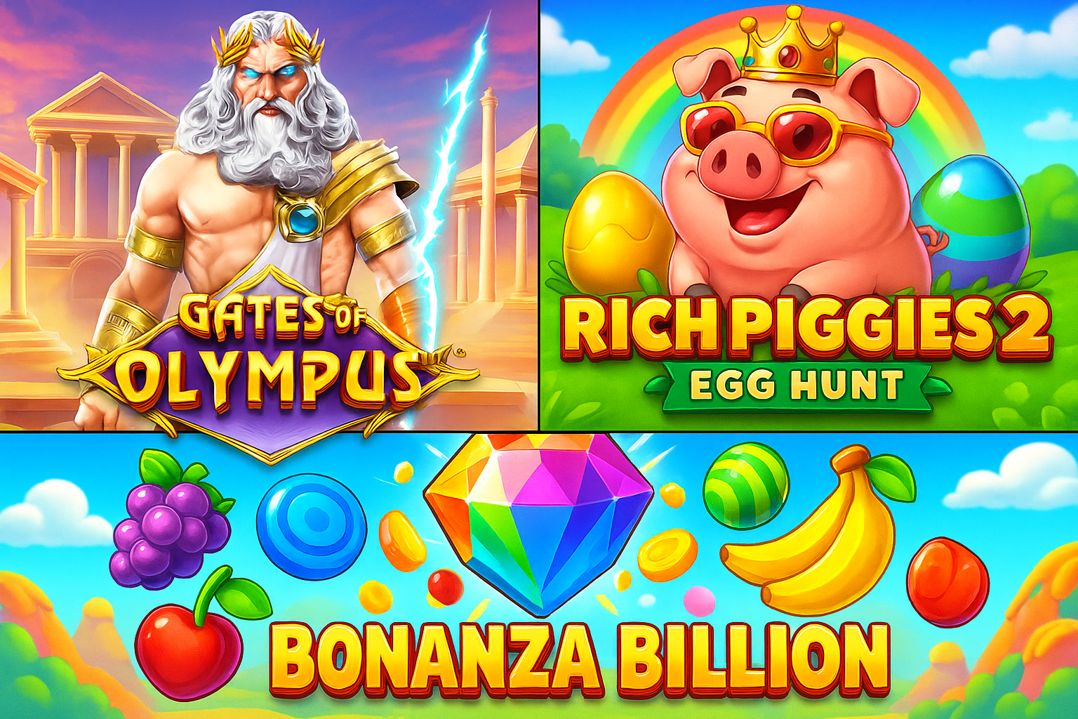 Іконки популярних слотів Gates of Olympus, Rich Piggies 2 та інших на Vegas.ua
